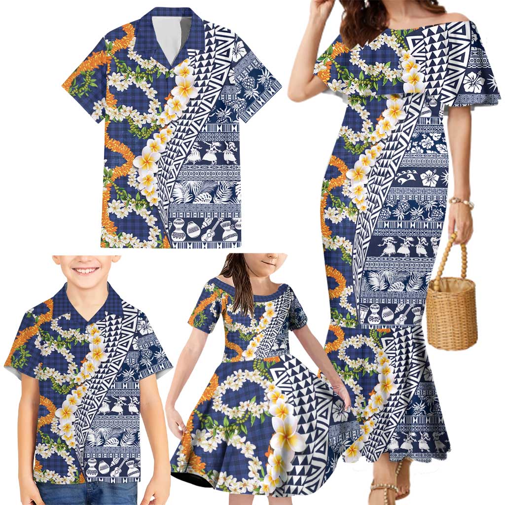 Hawaiian Plumeria Lei Family Matching Mermaid Dress and Hawaiian Shirt Kakau Motifs and Palaka Half Style Blue Color LT03 - Polynesian Pride