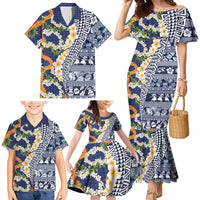Hawaiian Plumeria Lei Family Matching Mermaid Dress and Hawaiian Shirt Kakau Motifs and Palaka Half Style Blue Color LT03 - Polynesian Pride
