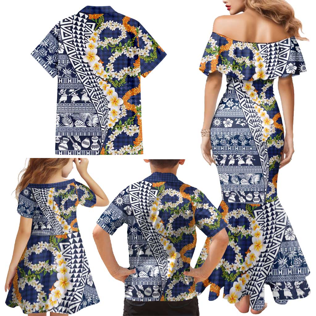 Hawaiian Plumeria Lei Family Matching Mermaid Dress and Hawaiian Shirt Kakau Motifs and Palaka Half Style Blue Color LT03 - Polynesian Pride
