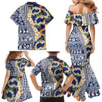 Hawaiian Plumeria Lei Family Matching Mermaid Dress and Hawaiian Shirt Kakau Motifs and Palaka Half Style Blue Color LT03 - Polynesian Pride