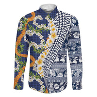 Hawaiian Plumeria Lei Family Matching Mermaid Dress and Hawaiian Shirt Kakau Motifs and Palaka Half Style Blue Color LT03 Dad's Shirt - Long Sleeve Blue - Polynesian Pride