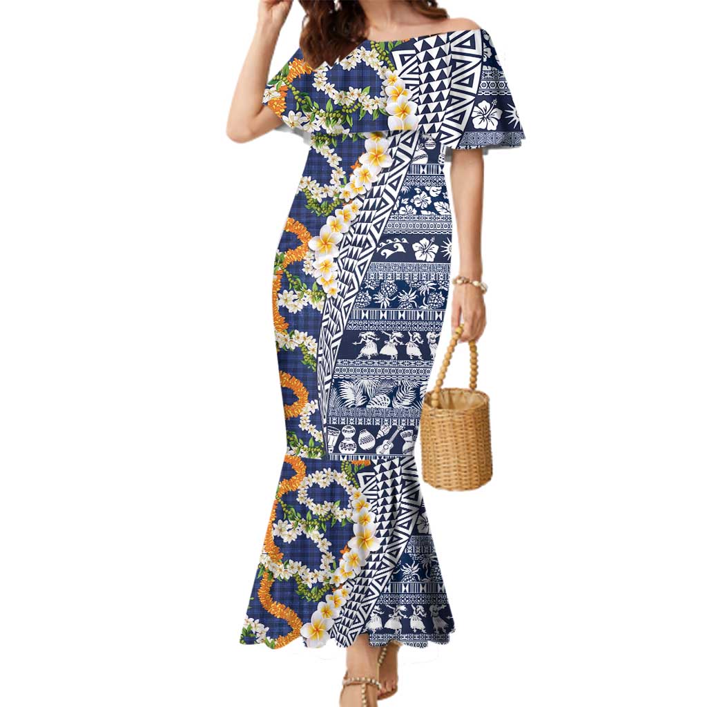 Hawaiian Plumeria Lei Family Matching Mermaid Dress and Hawaiian Shirt Kakau Motifs and Palaka Half Style Blue Color LT03 Mom's Dress Blue - Polynesian Pride