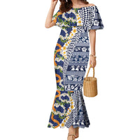 Hawaiian Plumeria Lei Family Matching Mermaid Dress and Hawaiian Shirt Kakau Motifs and Palaka Half Style Blue Color LT03 Mom's Dress Blue - Polynesian Pride