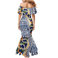 Hawaiian Plumeria Lei Family Matching Mermaid Dress and Hawaiian Shirt Kakau Motifs and Palaka Half Style Blue Color LT03 - Polynesian Pride