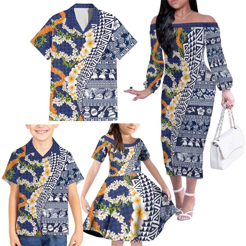 Hawaiian Plumeria Lei Family Matching Off The Shoulder Long Sleeve Dress and Hawaiian Shirt Kakau Motifs and Palaka Half Style Blue Color - Polynesian Pride