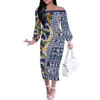 Hawaiian Plumeria Lei Family Matching Off The Shoulder Long Sleeve Dress and Hawaiian Shirt Kakau Motifs and Palaka Half Style Blue Color - Polynesian Pride