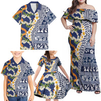 Hawaiian Plumeria Lei Family Matching Off Shoulder Maxi Dress and Hawaiian Shirt Kakau Motifs and Palaka Half Style Blue Color - Polynesian Pride