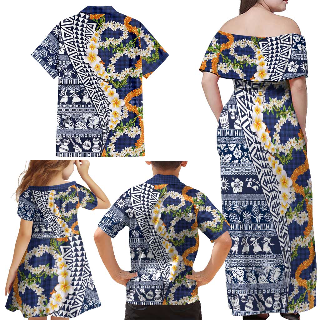 Hawaiian Plumeria Lei Family Matching Off Shoulder Maxi Dress and Hawaiian Shirt Kakau Motifs and Palaka Half Style Blue Color - Polynesian Pride