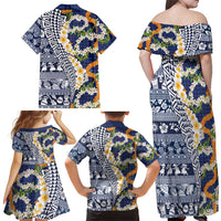 Hawaiian Plumeria Lei Family Matching Off Shoulder Maxi Dress and Hawaiian Shirt Kakau Motifs and Palaka Half Style Blue Color - Polynesian Pride