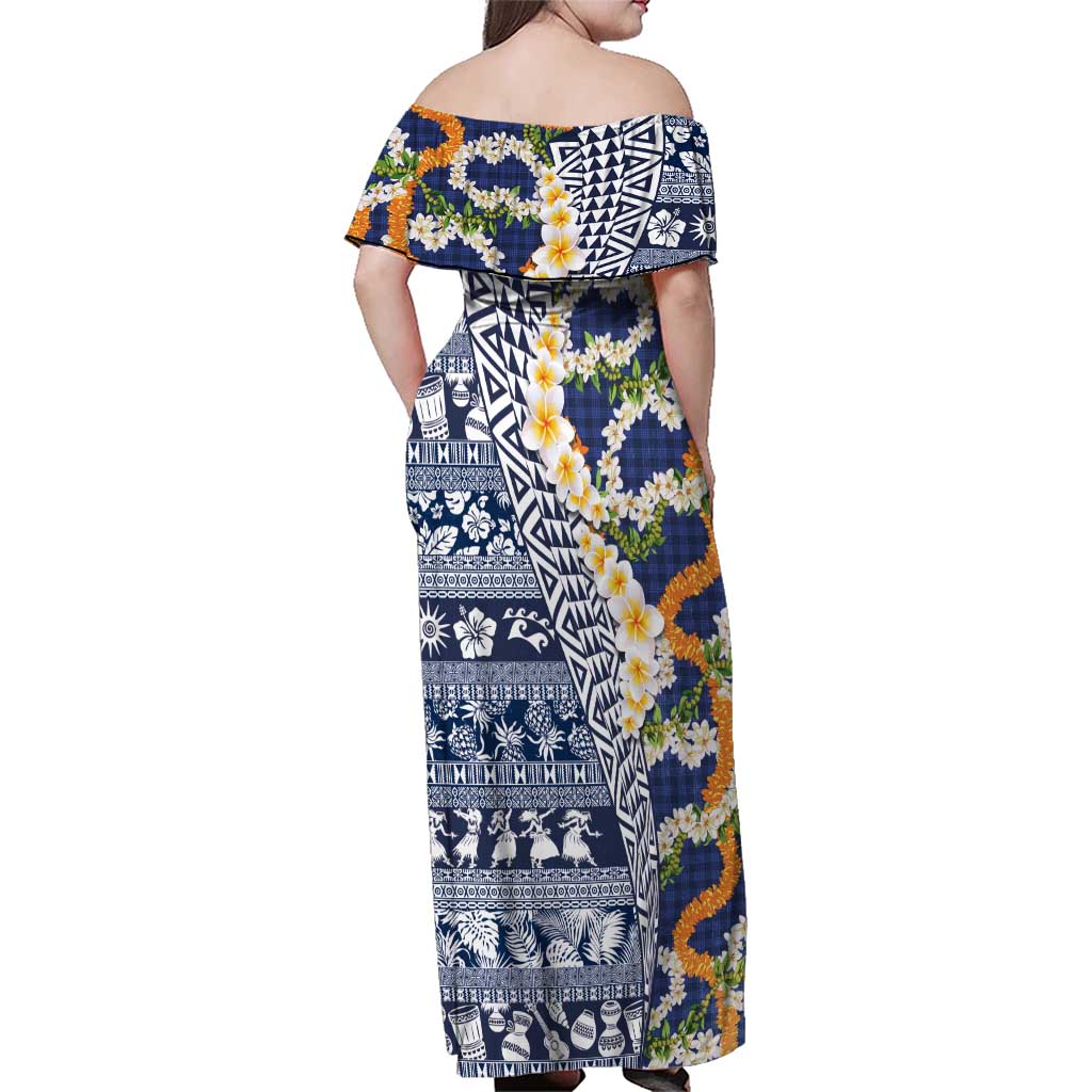 Hawaiian Plumeria Lei Family Matching Off Shoulder Maxi Dress and Hawaiian Shirt Kakau Motifs and Palaka Half Style Blue Color - Polynesian Pride