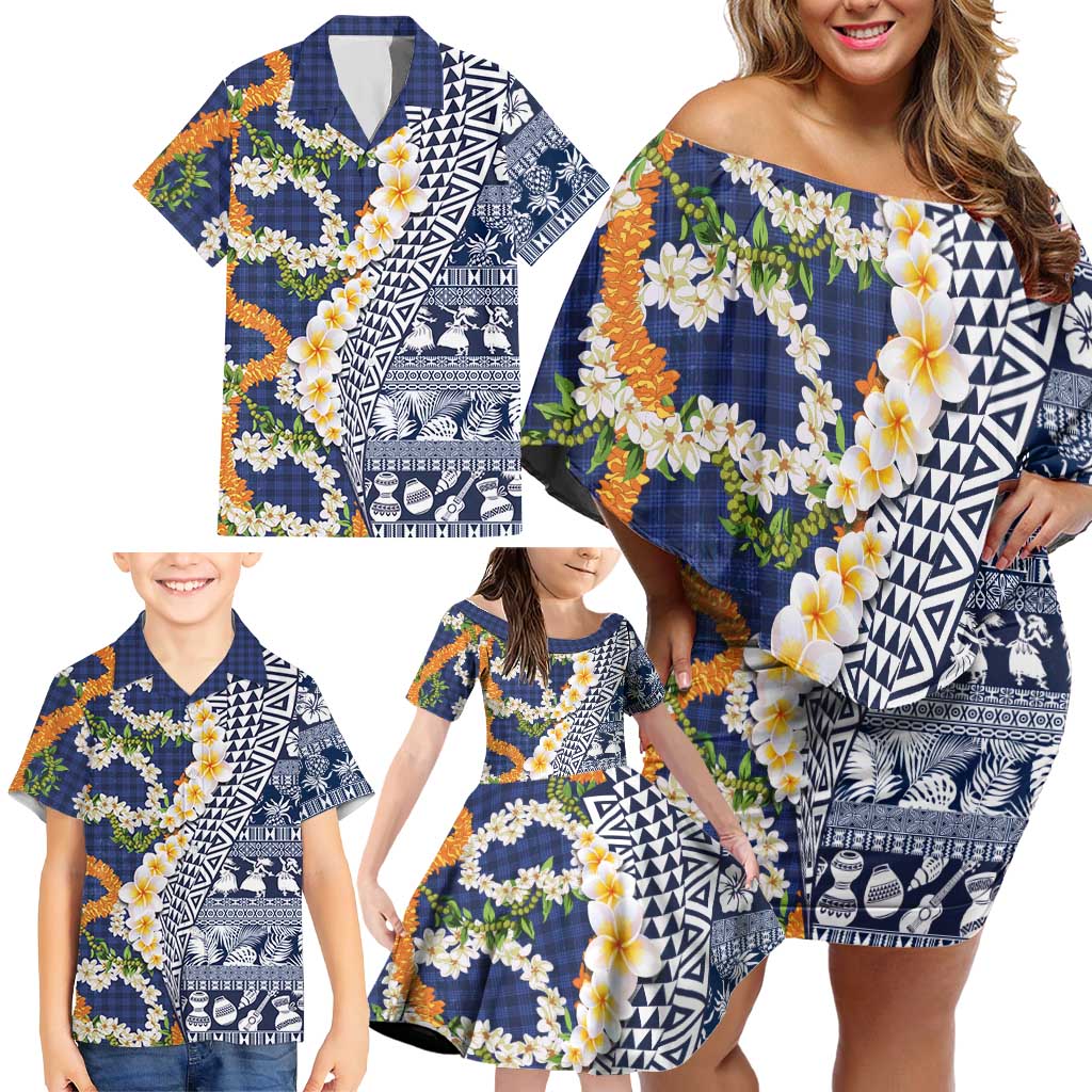 Hawaiian Plumeria Lei Family Matching Off Shoulder Short Dress and Hawaiian Shirt Kakau Motifs and Palaka Half Style Blue Color - Polynesian Pride