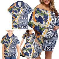 Hawaiian Plumeria Lei Family Matching Off Shoulder Short Dress and Hawaiian Shirt Kakau Motifs and Palaka Half Style Blue Color - Polynesian Pride