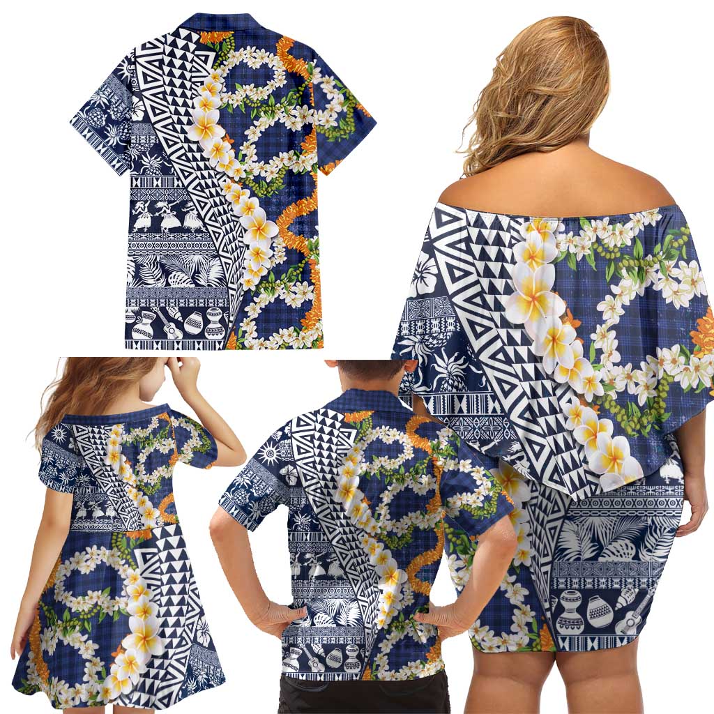 Hawaiian Plumeria Lei Family Matching Off Shoulder Short Dress and Hawaiian Shirt Kakau Motifs and Palaka Half Style Blue Color - Polynesian Pride