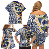 Hawaiian Plumeria Lei Family Matching Off Shoulder Short Dress and Hawaiian Shirt Kakau Motifs and Palaka Half Style Blue Color - Polynesian Pride