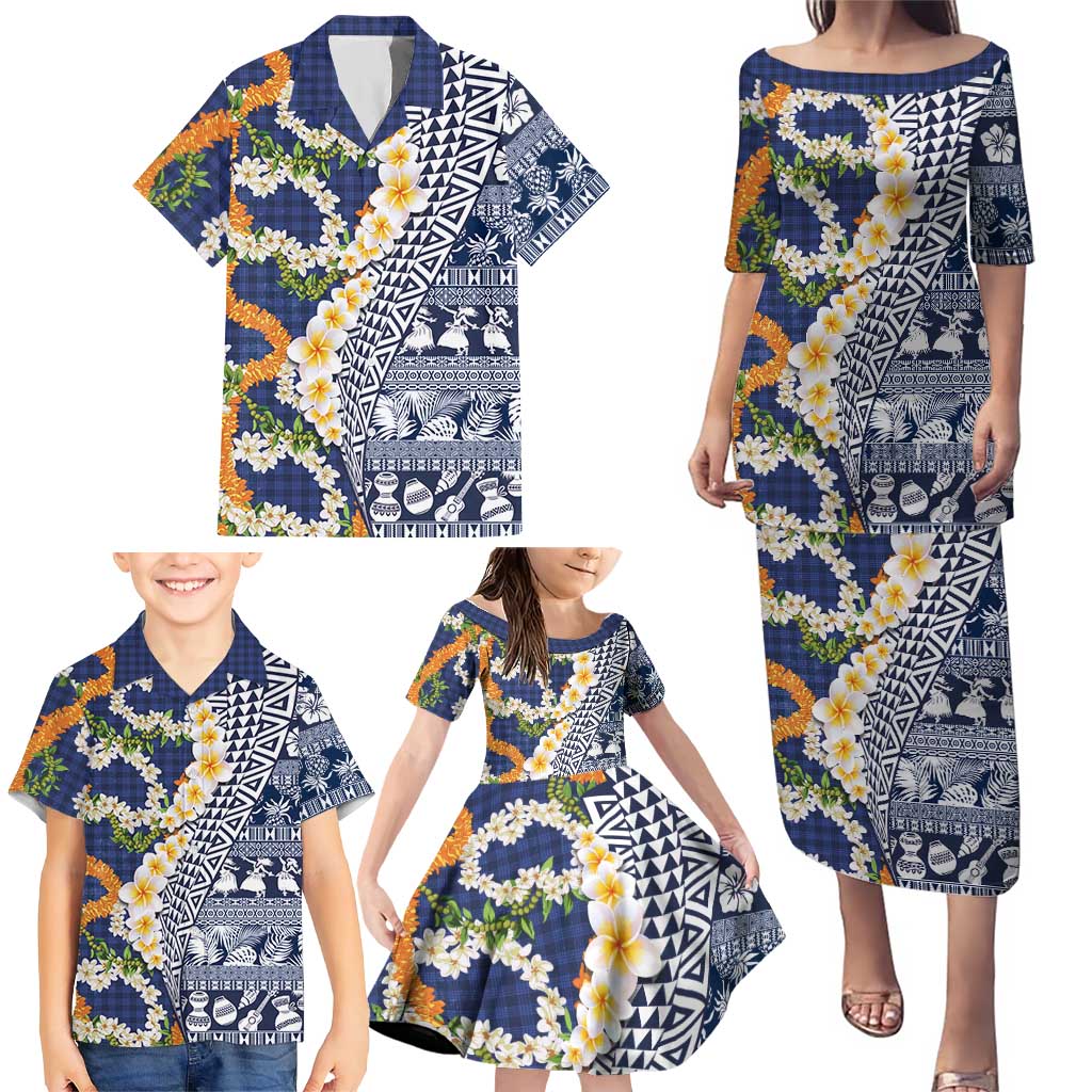 Hawaiian Plumeria Lei Family Matching Puletasi and Hawaiian Shirt Kakau Motifs and Palaka Half Style Blue Color - Polynesian Pride