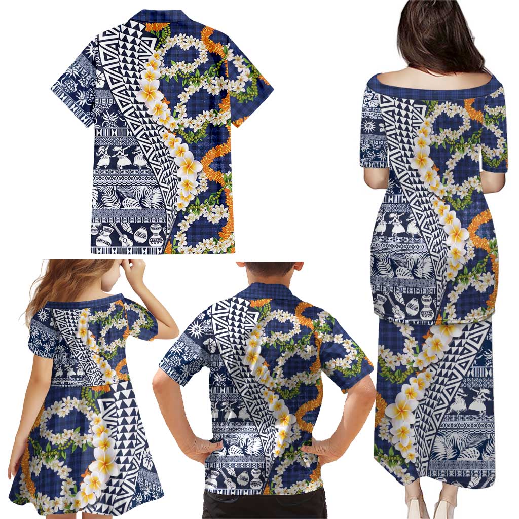 Hawaiian Plumeria Lei Family Matching Puletasi and Hawaiian Shirt Kakau Motifs and Palaka Half Style Blue Color - Polynesian Pride