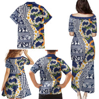 Hawaiian Plumeria Lei Family Matching Puletasi and Hawaiian Shirt Kakau Motifs and Palaka Half Style Blue Color - Polynesian Pride