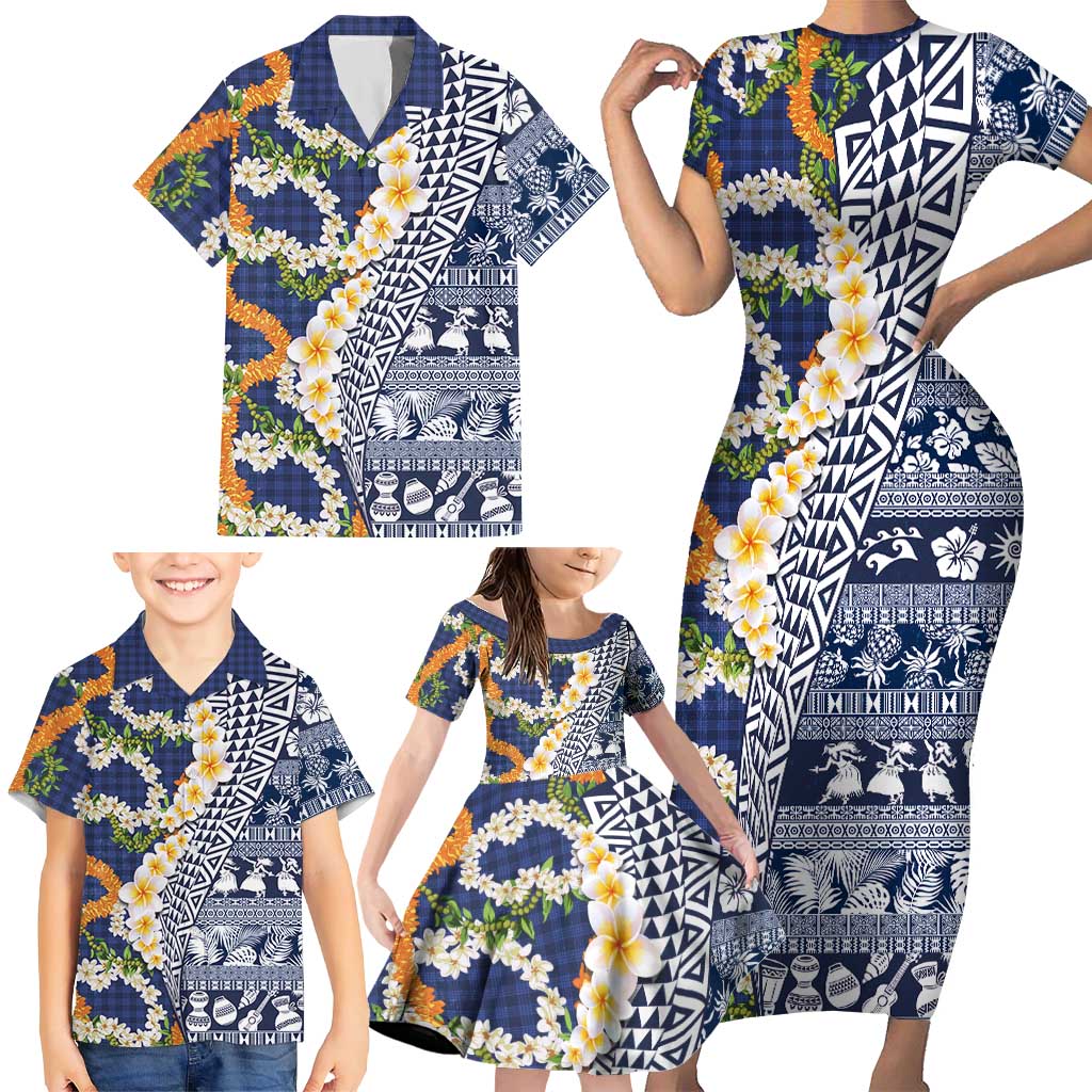 Hawaiian Plumeria Lei Family Matching Short Sleeve Bodycon Dress and Hawaiian Shirt Kakau Motifs and Palaka Half Style Blue Color - Polynesian Pride