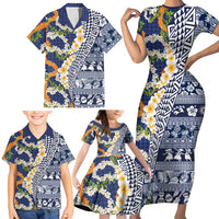 Hawaiian Plumeria Lei Family Matching Short Sleeve Bodycon Dress and Hawaiian Shirt Kakau Motifs and Palaka Half Style Blue Color - Polynesian Pride
