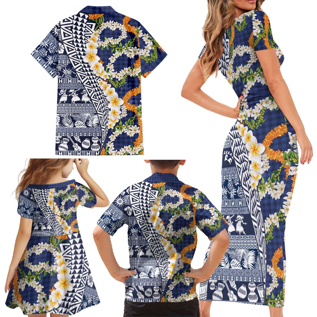 Hawaiian Plumeria Lei Family Matching Short Sleeve Bodycon Dress and Hawaiian Shirt Kakau Motifs and Palaka Half Style Blue Color - Polynesian Pride