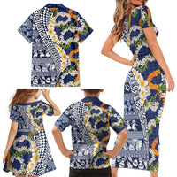Hawaiian Plumeria Lei Family Matching Short Sleeve Bodycon Dress and Hawaiian Shirt Kakau Motifs and Palaka Half Style Blue Color - Polynesian Pride