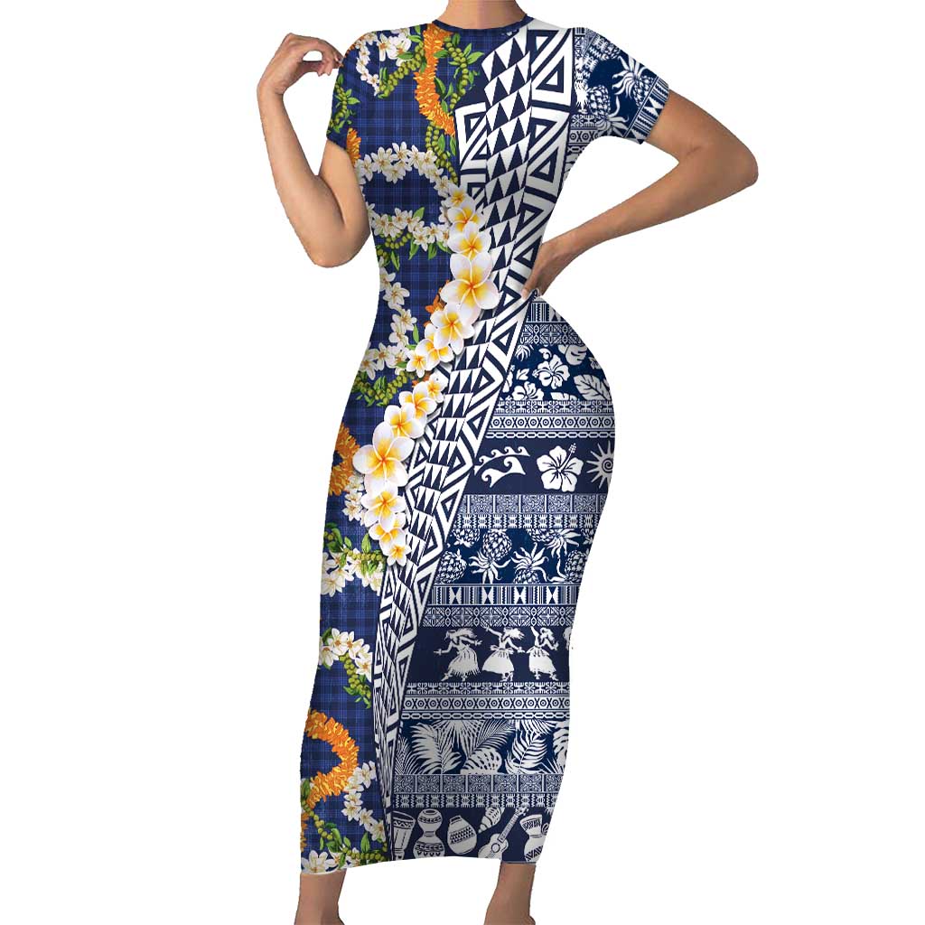 Hawaiian Plumeria Lei Family Matching Short Sleeve Bodycon Dress and Hawaiian Shirt Kakau Motifs and Palaka Half Style Blue Color - Polynesian Pride