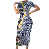 Hawaiian Plumeria Lei Family Matching Short Sleeve Bodycon Dress and Hawaiian Shirt Kakau Motifs and Palaka Half Style Blue Color - Polynesian Pride