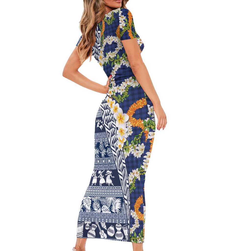 Hawaiian Plumeria Lei Family Matching Short Sleeve Bodycon Dress and Hawaiian Shirt Kakau Motifs and Palaka Half Style Blue Color - Polynesian Pride