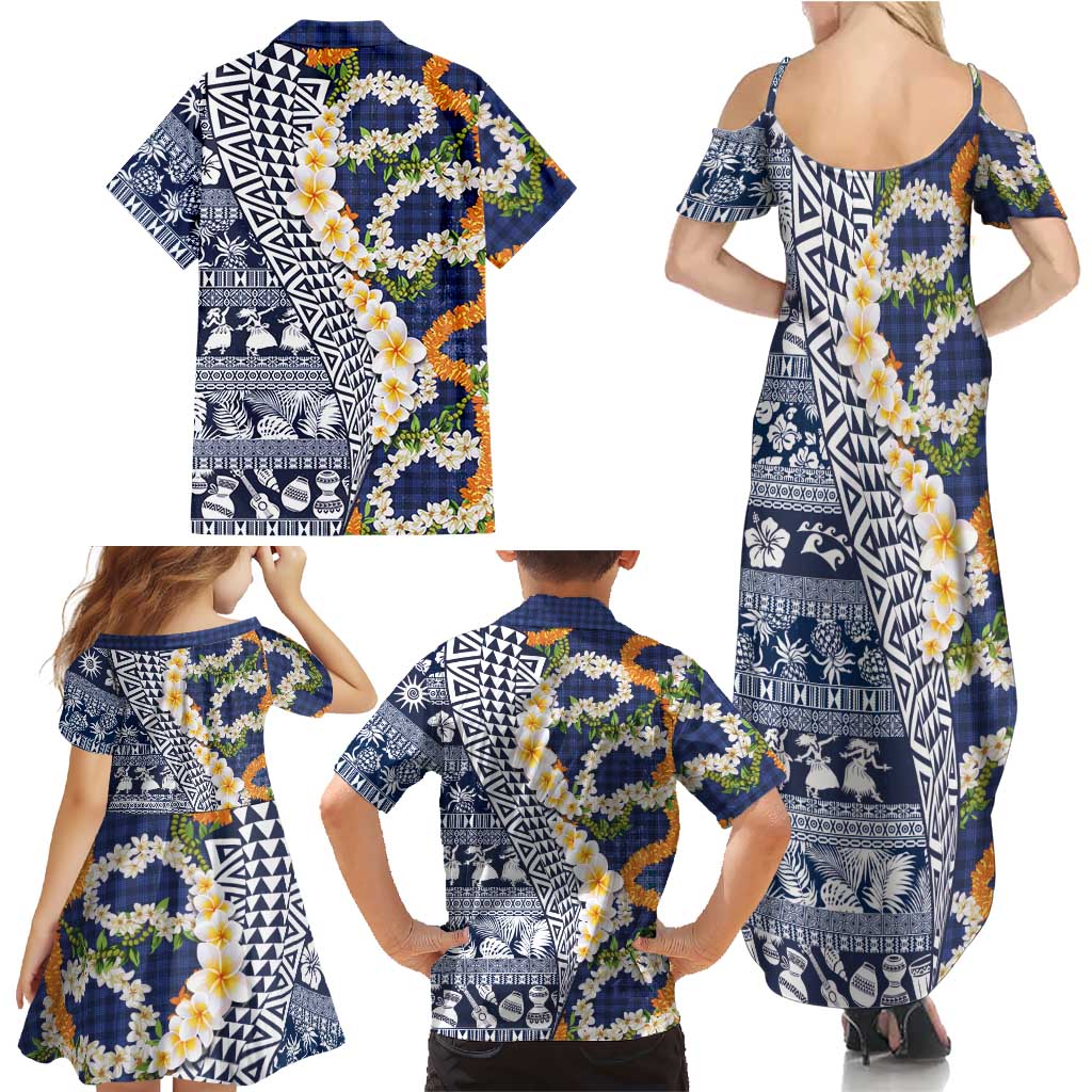 Hawaiian Plumeria Lei Family Matching Summer Maxi Dress and Hawaiian Shirt Kakau Motifs and Palaka Half Style Blue Color - Polynesian Pride