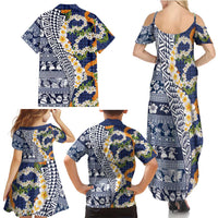 Hawaiian Plumeria Lei Family Matching Summer Maxi Dress and Hawaiian Shirt Kakau Motifs and Palaka Half Style Blue Color - Polynesian Pride