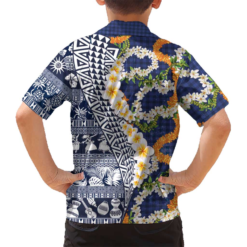 Hawaiian Plumeria Lei Family Matching Tank Maxi Dress and Hawaiian Shirt Kakau Motifs and Palaka Half Style Blue Color LT03 - Polynesian Pride