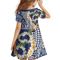 Hawaiian Plumeria Lei Family Matching Tank Maxi Dress and Hawaiian Shirt Kakau Motifs and Palaka Half Style Blue Color LT03 - Polynesian Pride