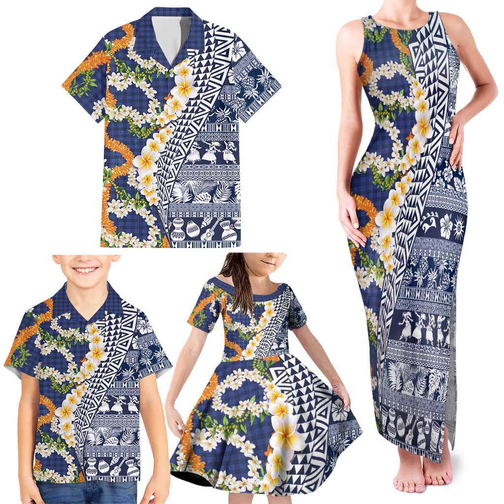 Hawaiian Plumeria Lei Family Matching Tank Maxi Dress and Hawaiian Shirt Kakau Motifs and Palaka Half Style Blue Color LT03 - Polynesian Pride