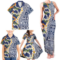Hawaiian Plumeria Lei Family Matching Tank Maxi Dress and Hawaiian Shirt Kakau Motifs and Palaka Half Style Blue Color LT03 - Polynesian Pride