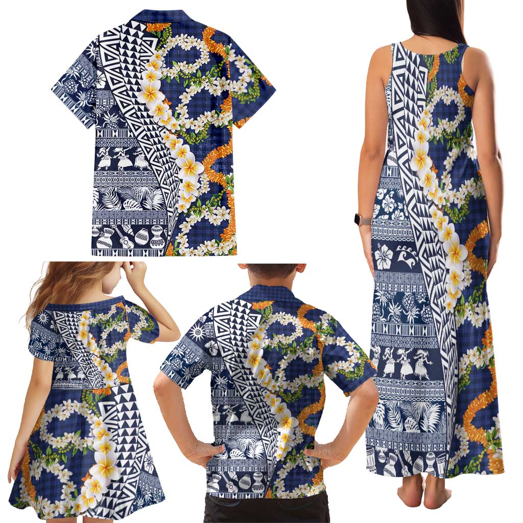 Hawaiian Plumeria Lei Family Matching Tank Maxi Dress and Hawaiian Shirt Kakau Motifs and Palaka Half Style Blue Color LT03 - Polynesian Pride
