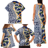 Hawaiian Plumeria Lei Family Matching Tank Maxi Dress and Hawaiian Shirt Kakau Motifs and Palaka Half Style Blue Color LT03 - Polynesian Pride