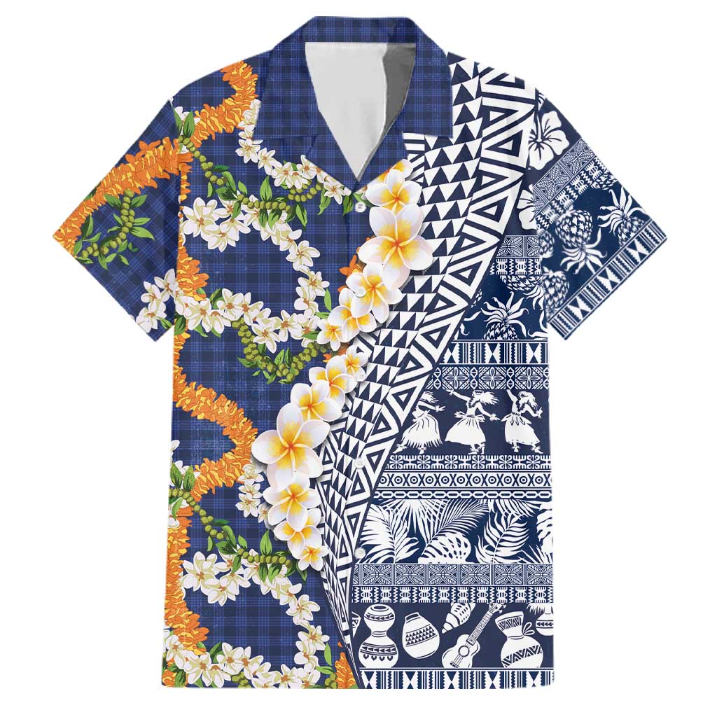 Hawaiian Plumeria Lei Family Matching Tank Maxi Dress and Hawaiian Shirt Kakau Motifs and Palaka Half Style Blue Color LT03 Dad's Shirt - Short Sleeve Blue - Polynesian Pride