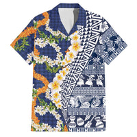 Hawaiian Plumeria Lei Family Matching Tank Maxi Dress and Hawaiian Shirt Kakau Motifs and Palaka Half Style Blue Color LT03 Dad's Shirt - Short Sleeve Blue - Polynesian Pride