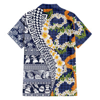 Hawaiian Plumeria Lei Family Matching Tank Maxi Dress and Hawaiian Shirt Kakau Motifs and Palaka Half Style Blue Color LT03 - Polynesian Pride