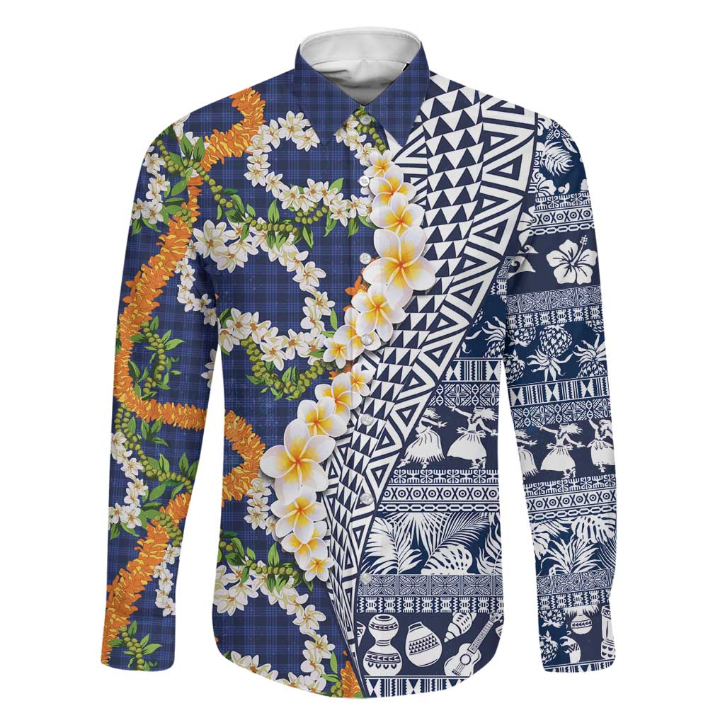 Hawaiian Plumeria Lei Family Matching Tank Maxi Dress and Hawaiian Shirt Kakau Motifs and Palaka Half Style Blue Color LT03 Dad's Shirt - Long Sleeve Blue - Polynesian Pride