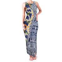 Hawaiian Plumeria Lei Family Matching Tank Maxi Dress and Hawaiian Shirt Kakau Motifs and Palaka Half Style Blue Color LT03 Mom's Dress Blue - Polynesian Pride