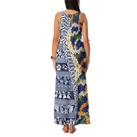 Hawaiian Plumeria Lei Family Matching Tank Maxi Dress and Hawaiian Shirt Kakau Motifs and Palaka Half Style Blue Color LT03 - Polynesian Pride