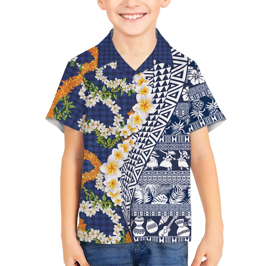 Hawaiian Plumeria Lei Family Matching Tank Maxi Dress and Hawaiian Shirt Kakau Motifs and Palaka Half Style Blue Color LT03 Son's Shirt Blue - Polynesian Pride