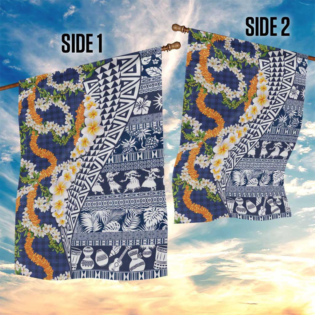 Hawaiian Plumeria Lei Garden Flag Kakau Motifs and Palaka Half Style Blue Color - Polynesian Pride