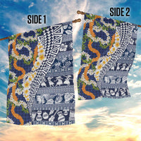 Hawaiian Plumeria Lei Garden Flag Kakau Motifs and Palaka Half Style Blue Color - Polynesian Pride