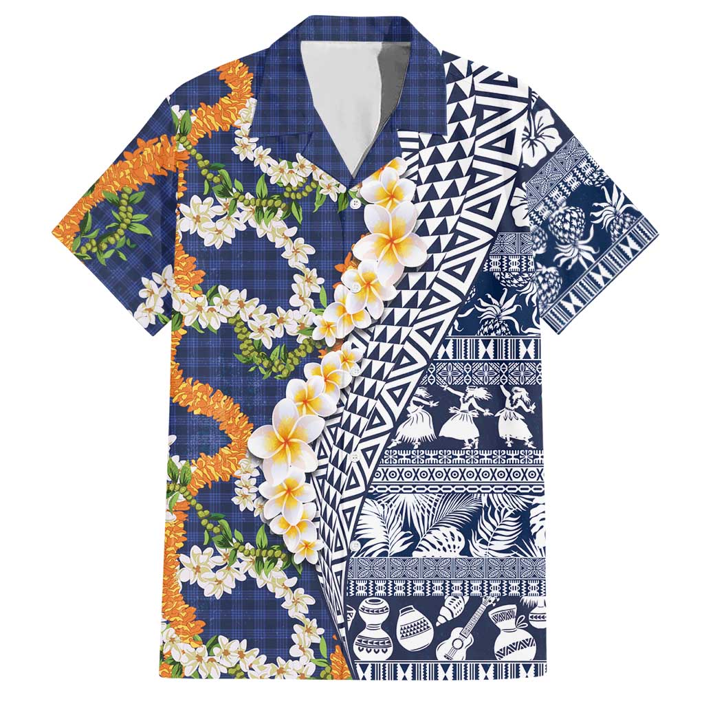 Hawaiian Plumeria Lei Hawaiian Shirt Kakau Motifs and Palaka Half Style Blue Color LT03 Blue - Polynesian Pride