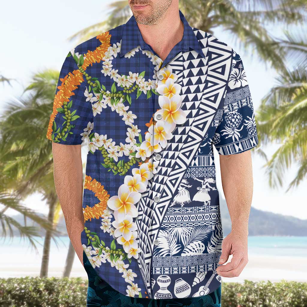Hawaiian Plumeria Lei Hawaiian Shirt Kakau Motifs and Palaka Half Style Blue Color LT03 - Polynesian Pride
