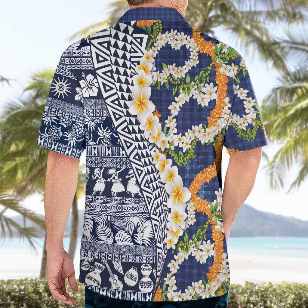 Hawaiian Plumeria Lei Hawaiian Shirt Kakau Motifs and Palaka Half Style Blue Color LT03 - Polynesian Pride