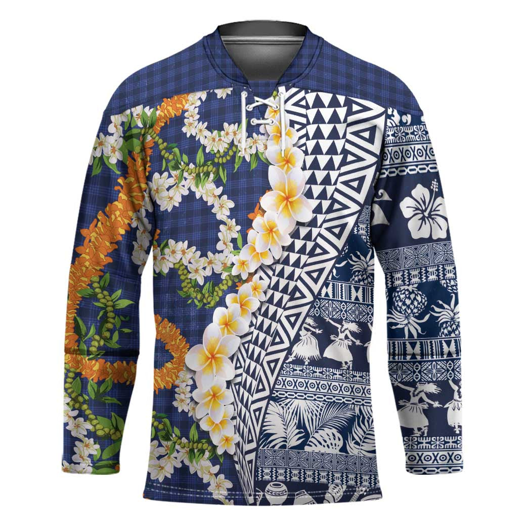 Hawaiian Plumeria Lei Hockey Jersey Kakau Motifs and Palaka Half Style Blue Color LT03 Unisex Blue - Polynesian Pride