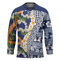 Hawaiian Plumeria Lei Hockey Jersey Kakau Motifs and Palaka Half Style Blue Color LT03 Unisex Blue - Polynesian Pride